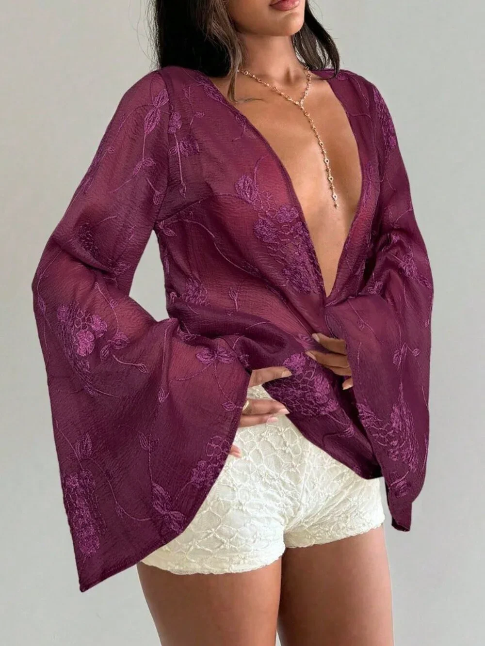 Sexy Women's Deep V-Neck Floral Embroidery Pattern Casual Versatile Shirt